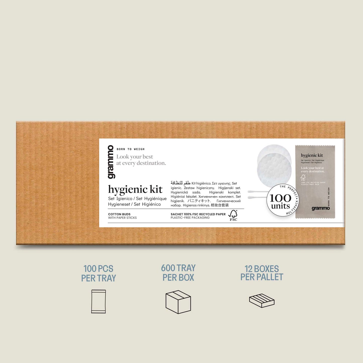 Kit de Higiene Descartável GRAMMO com 100 unidades, embalagem em saché de papel para hotelaria.