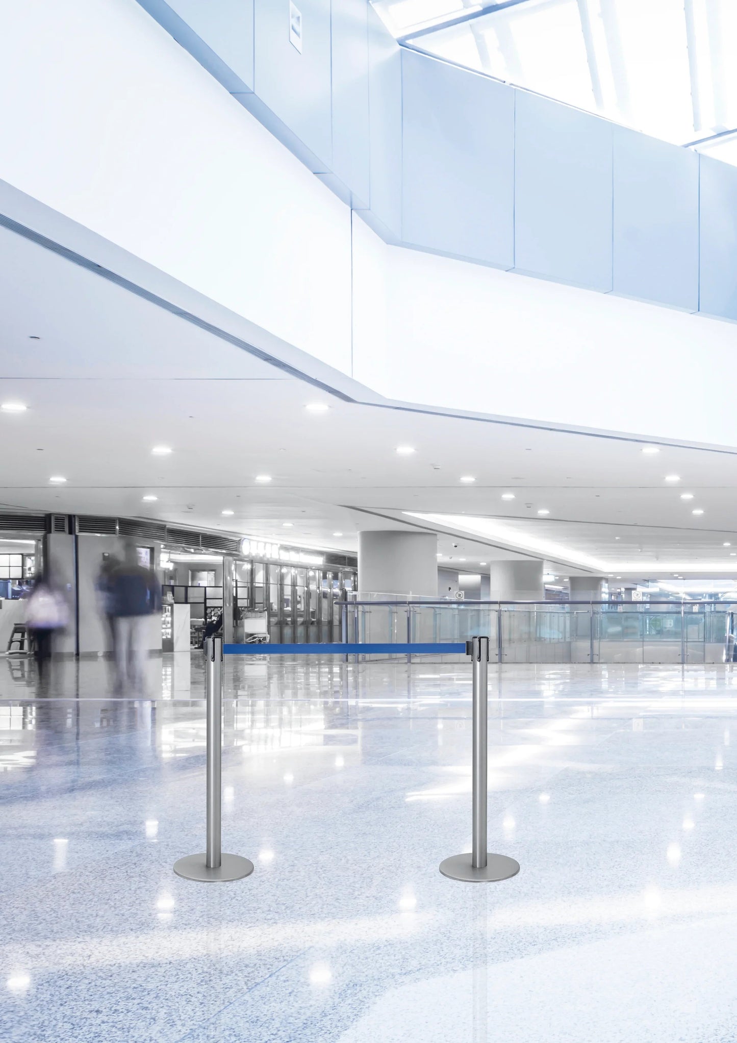 Coluna Inox Fita Extensível espaços públicos, museus, galerias, empresas, centros comerciais, estações, aeroportos, exposições