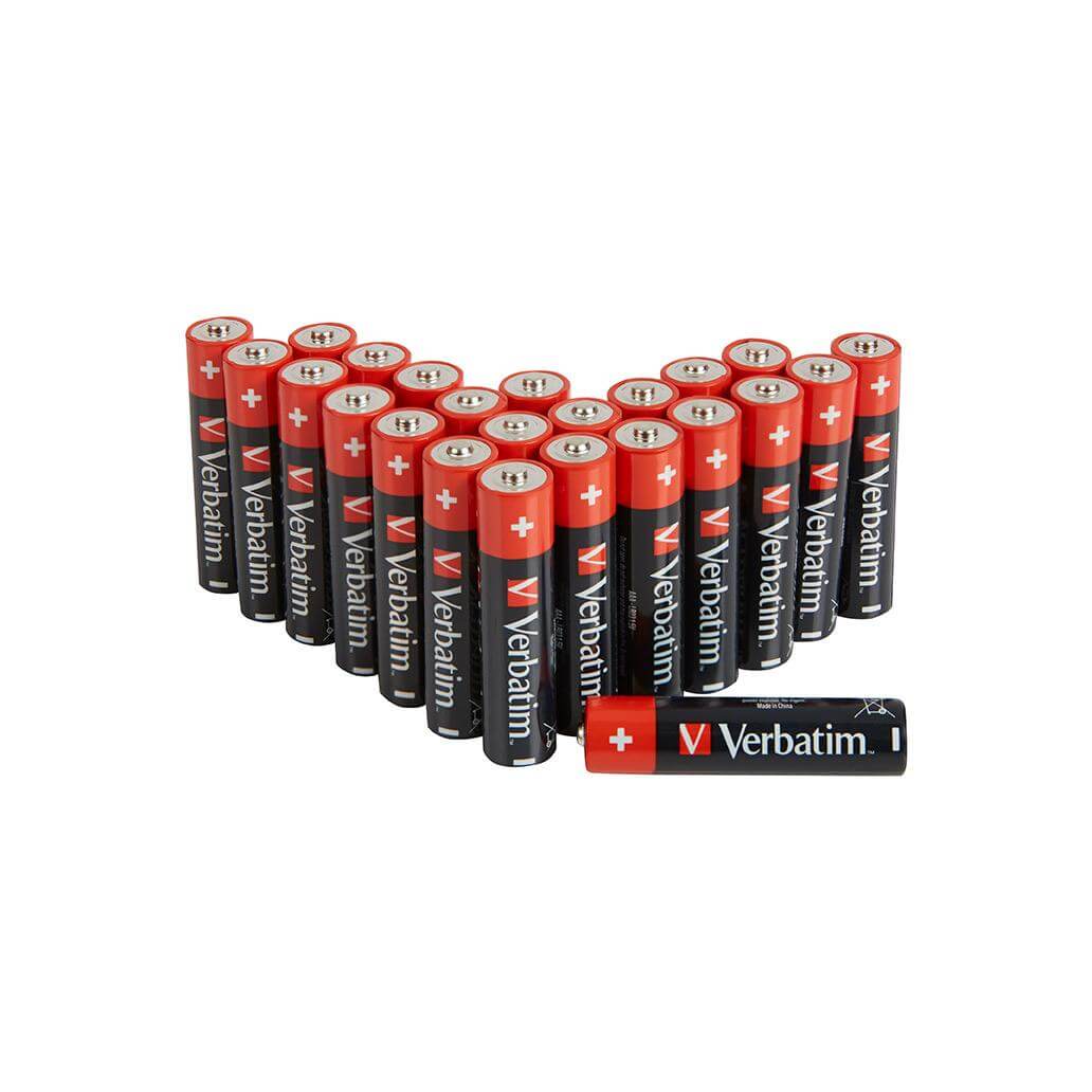 Pilhas Alcalinas AA LR06 Verbatim em embalagem de 24 unidades, ideais para dispositivos eletrónicos em uso profissional