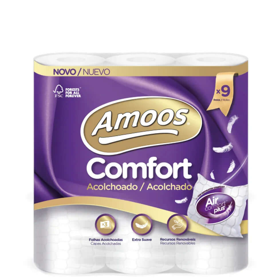Papel Higiénico Acolchoado Folha Tripla Amoos Comfort com 9 rolos, extra suave e folha tripla para conforto superior.