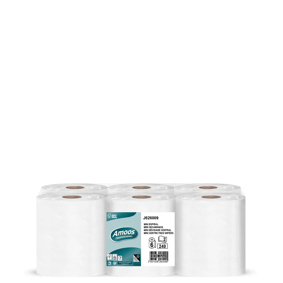Papel Rolo Multiusos Mini Espiral Amoos 60M - Pack com 6 rolos, folha dupla e 240 serviços, de uso profissional