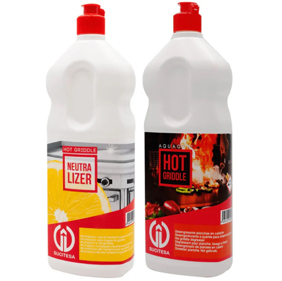Garrafa de Detergente Neutralizador para Chapas a Quente AQUAGEN NEUTRALIZER em combinação com a garrafa de AQUAGEN HOT GRIDDLE para limpeza de placas e chapas a quente
