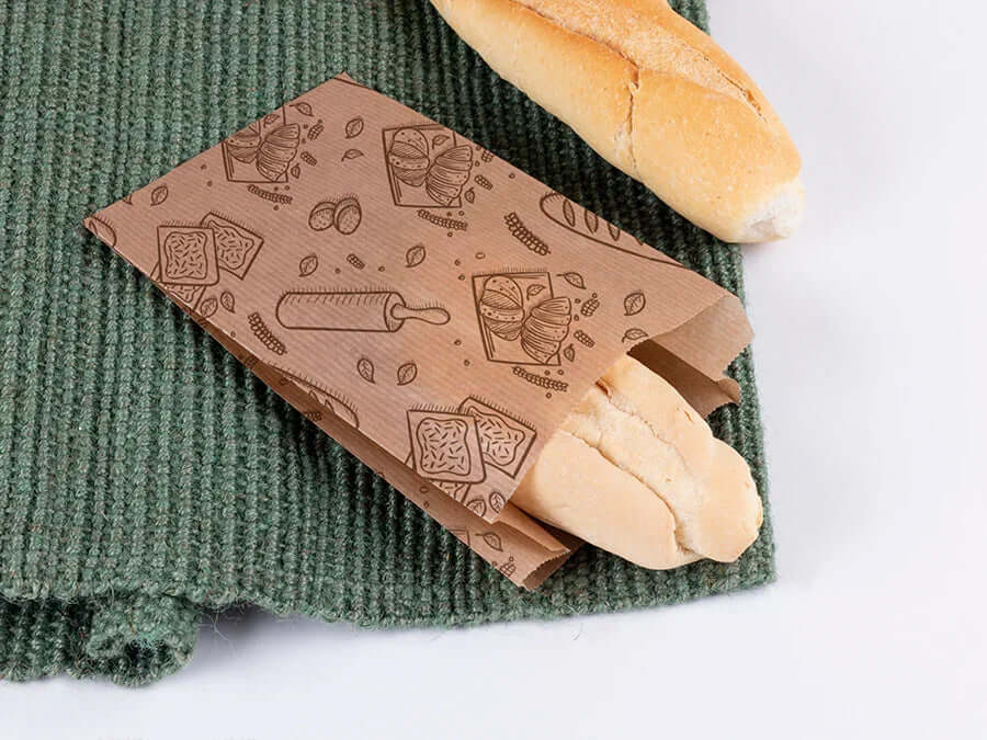 Saqueta Papel Kraft Decorada 14+7x27cm Padaria Pastelaria Bar Take Away Pão Croissant Bolos Restaurante