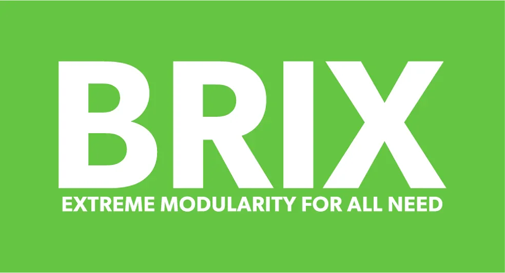 Texto com a palavra BRIX em fundo verde, destacado como "EXTREME MODULARITY FOR ALL NEED".