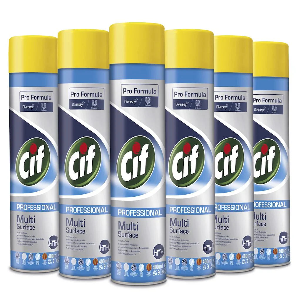 6 pack de latas de Aerossol Limpeza Superfícies AntiEstático Cif Profissional 400ml