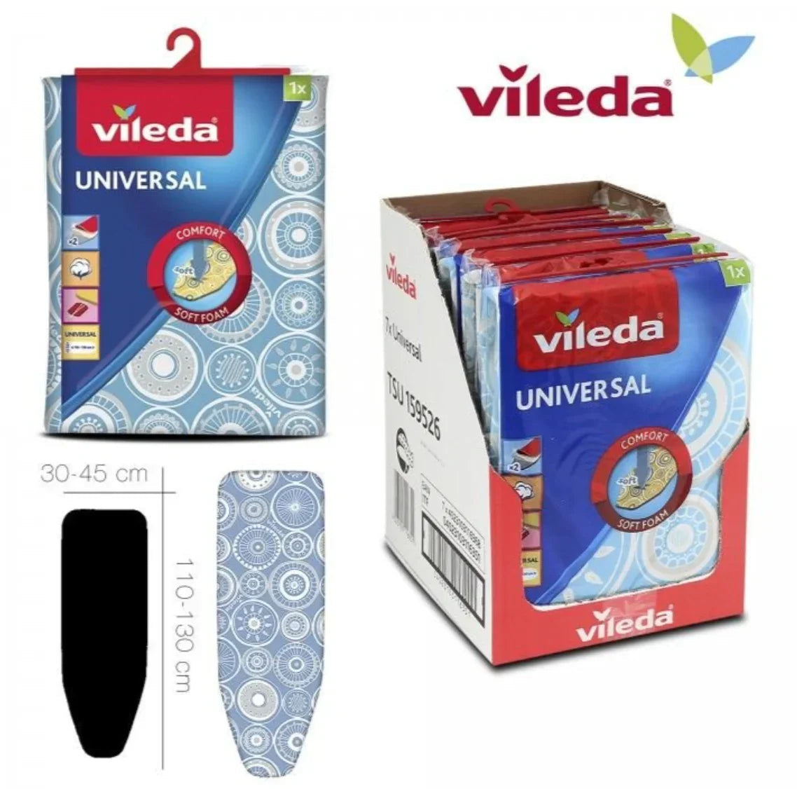 Capa para Tábua de Engomar Vileda Universal em embalagem com design colorido, medindo 30-45 cm.