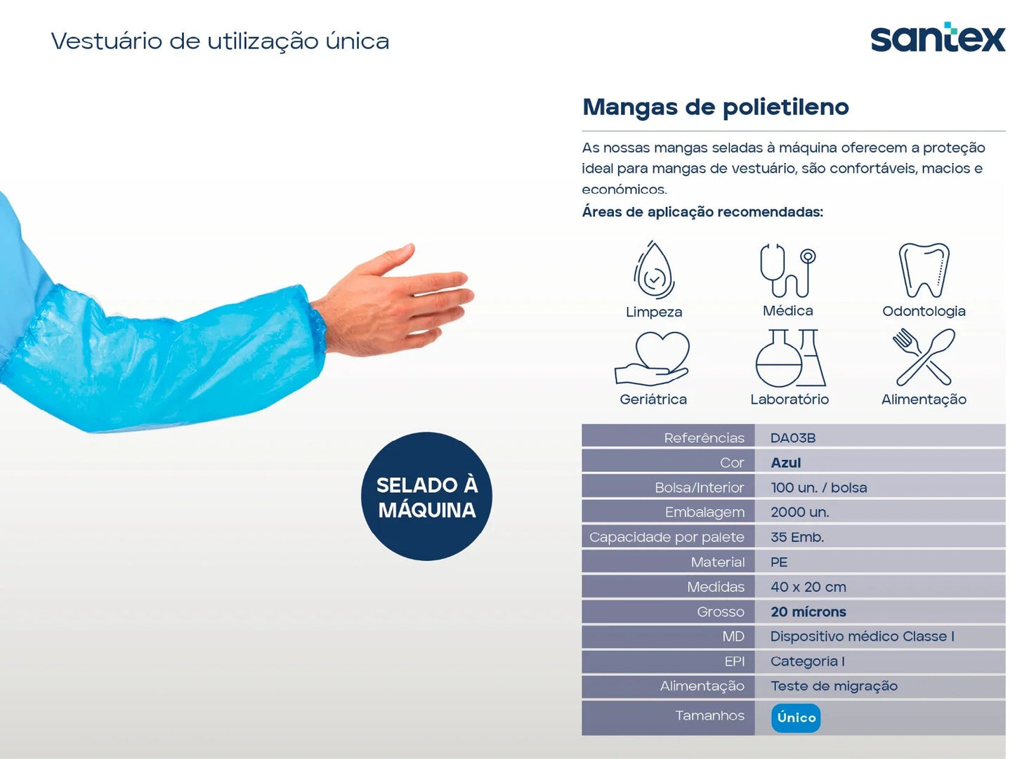 Manguito Plástico Azul Descartável com ajuste elástico, ideal para proteção em ambientes diversos.