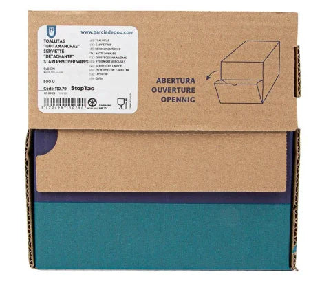 Caixa Dispensadora do Toalhete Tira-Nódoas Descartável StopTac, pack de 500 unidades, ideal para remoção de manchas em serviço de restaurantes