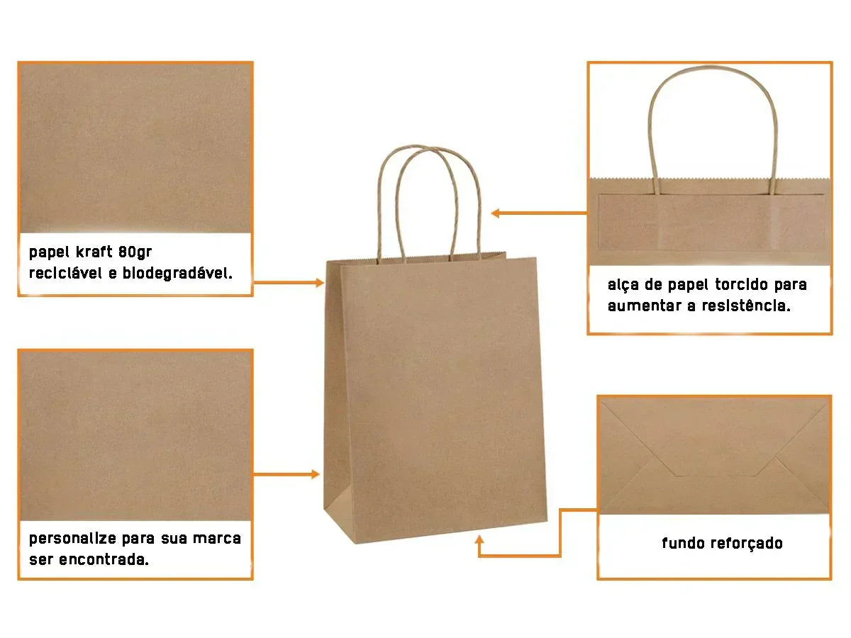 Saco Kraft Asa Torcida 32+21x33cm Take Away Comida Menu Restaurante Compras
