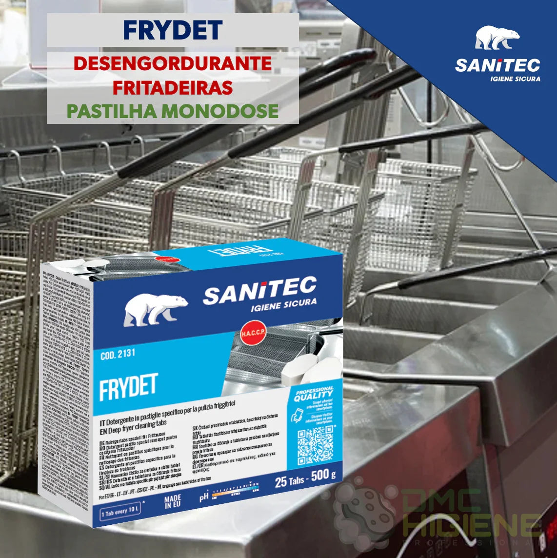 imagem comercial promocional de Pastilhas Efervescentes Desengordurantes para Fritadeiras da Marca SANITEC FRYDET