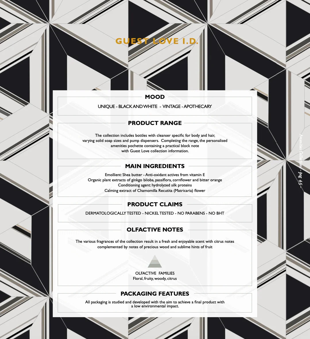 Kit de Amenities Guest Love Essentials com detalhes sobre ingredientes e características do produto.