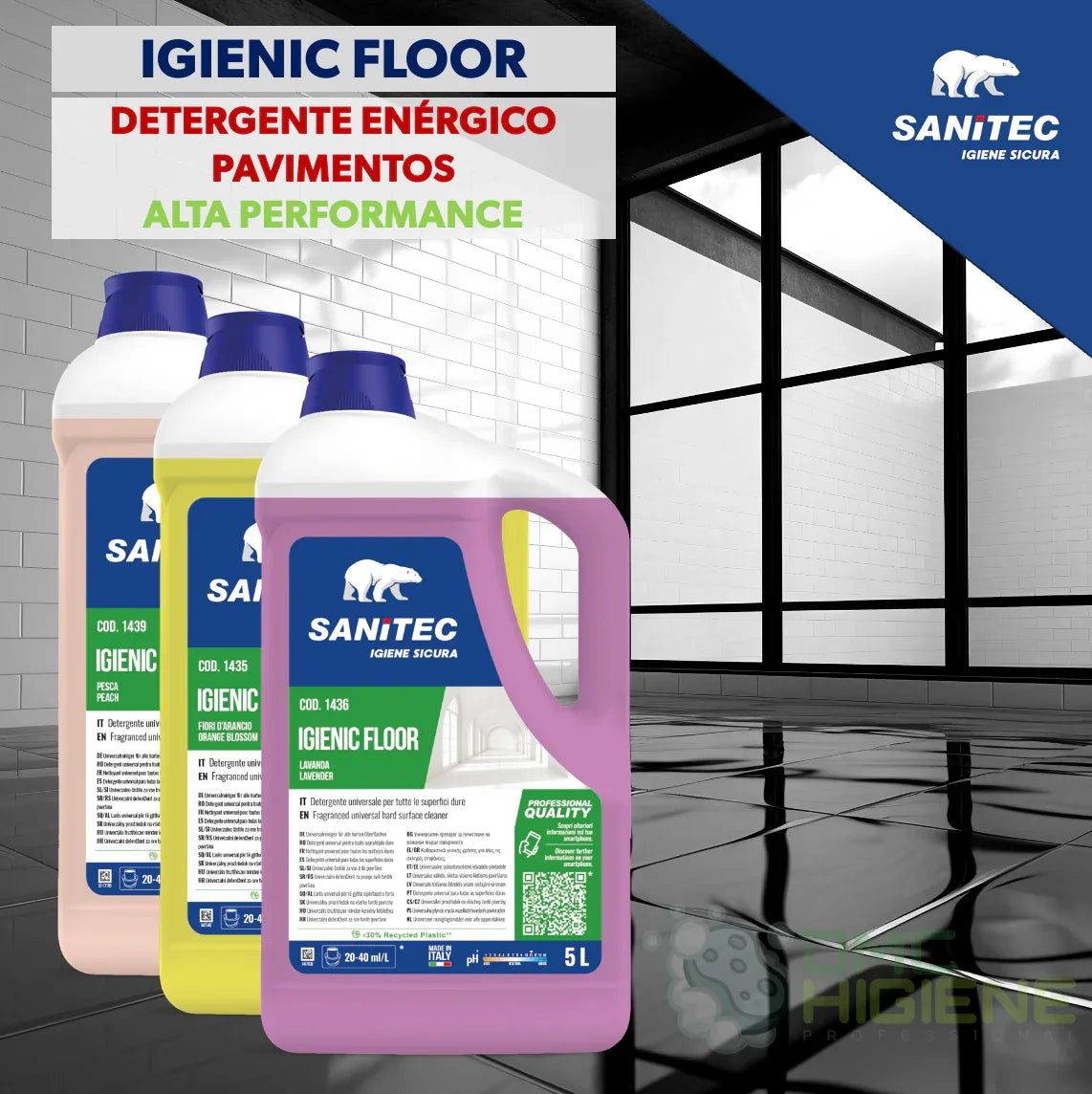 Detergente Pavimentos Alcalino Enérgico 5 Litros SANITEC IGIENIC FLOOR Garrafão Lava Tudo Perfumado Profissional Empresas Escolas Condominios