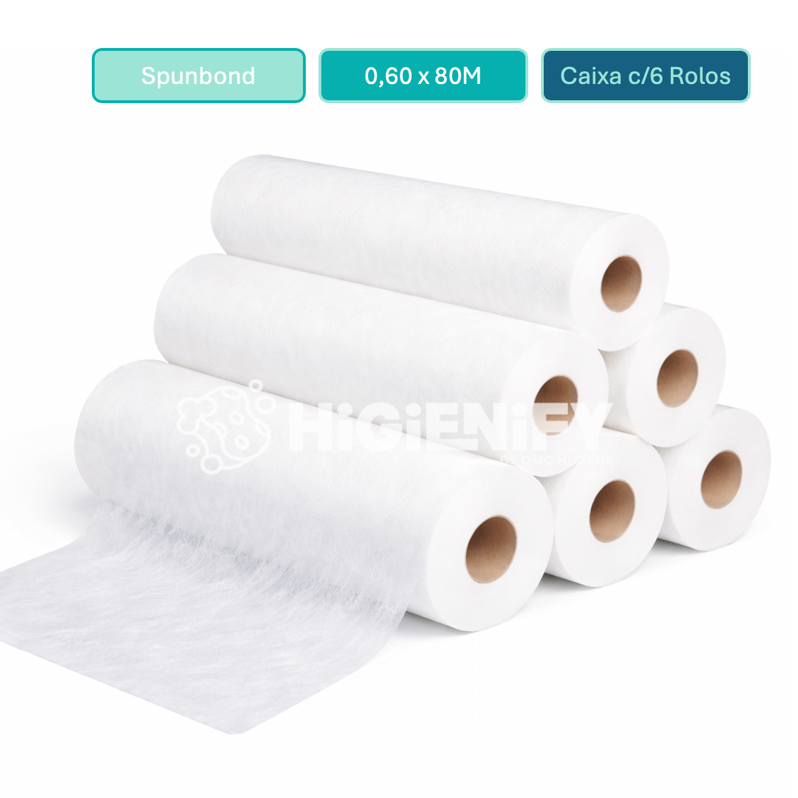 Rolo de Papel Marquesa TNT Extra Soft 60cm x 80M em caixa com 6 rolos, material spunbond branco e macio para uso em clinicas