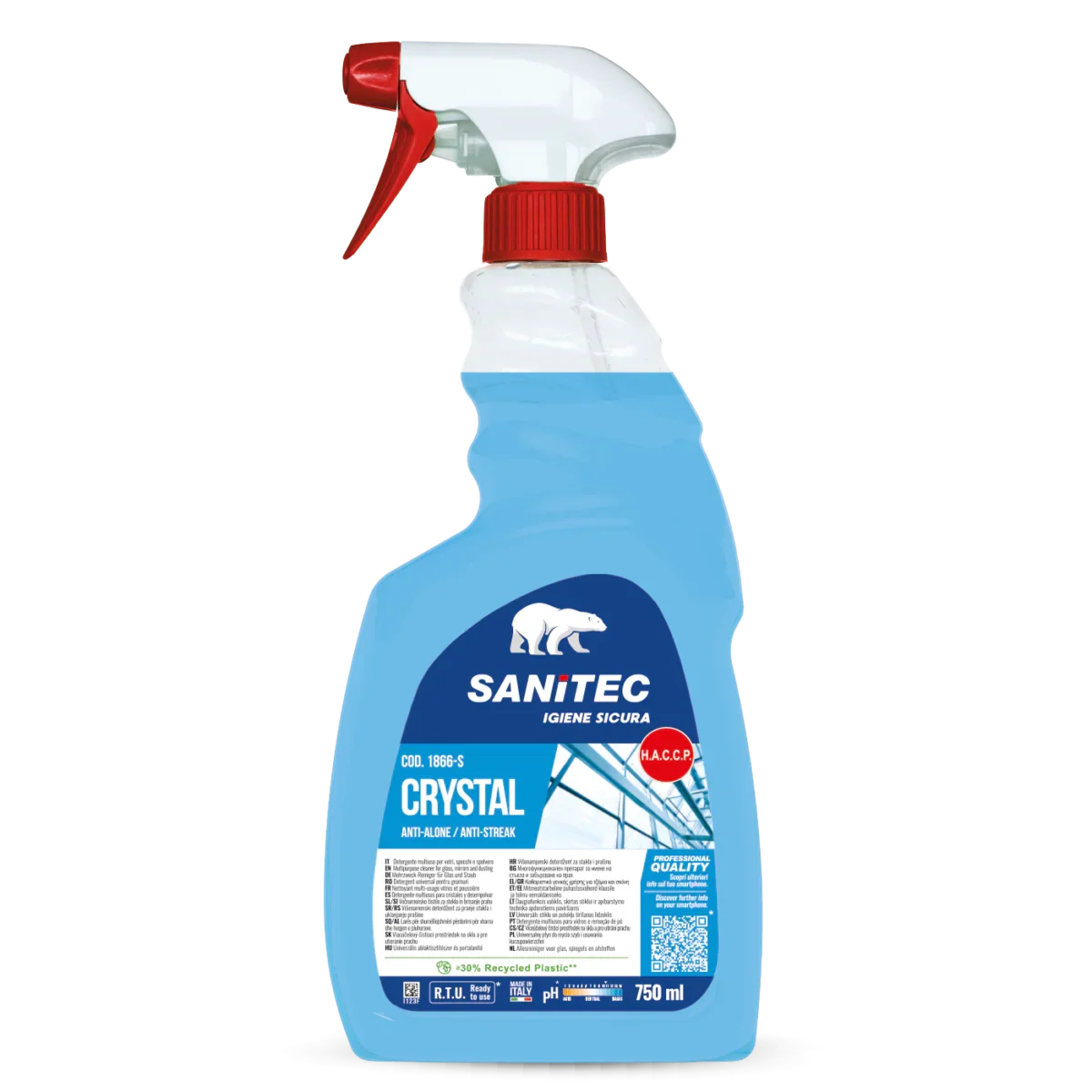 Garrafa Pulverizadora de 750ml de Detergente Limpa Vidros e Superfícies de Alta Performance da marca SANITEC CRYSTAL