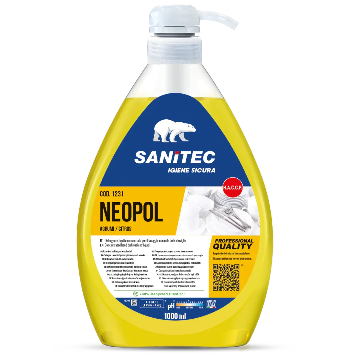 Garrafa de 1 Litro de Detergente de Loiça Profissional Ultra Concentrado SANITEC NEOPOL CITRUS com Bomba Doseadora