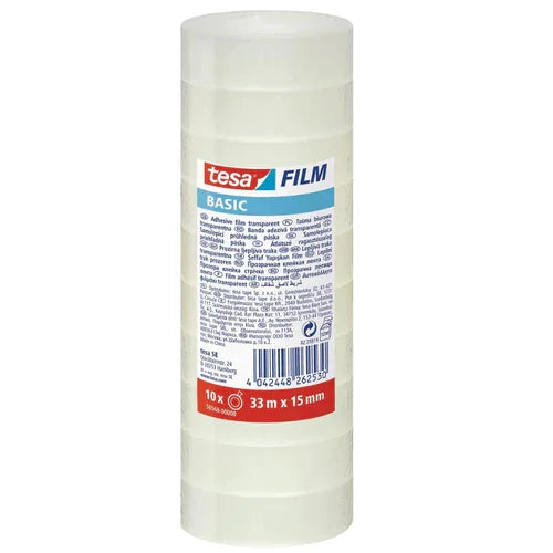 Fita Cola Adesiva Tesa Film em rolo, transparente, 15mm x 33M, pack com 10 rolos.