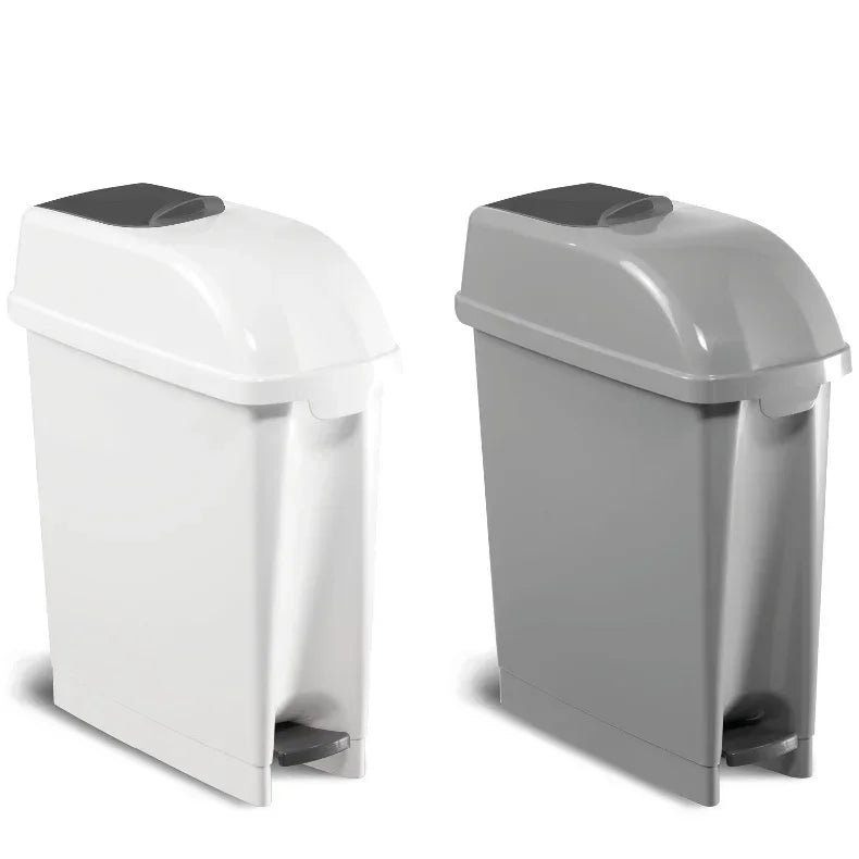 Contentor Higiene Feminina Cinzento e branco com tampa, ideal para higiene íntima.