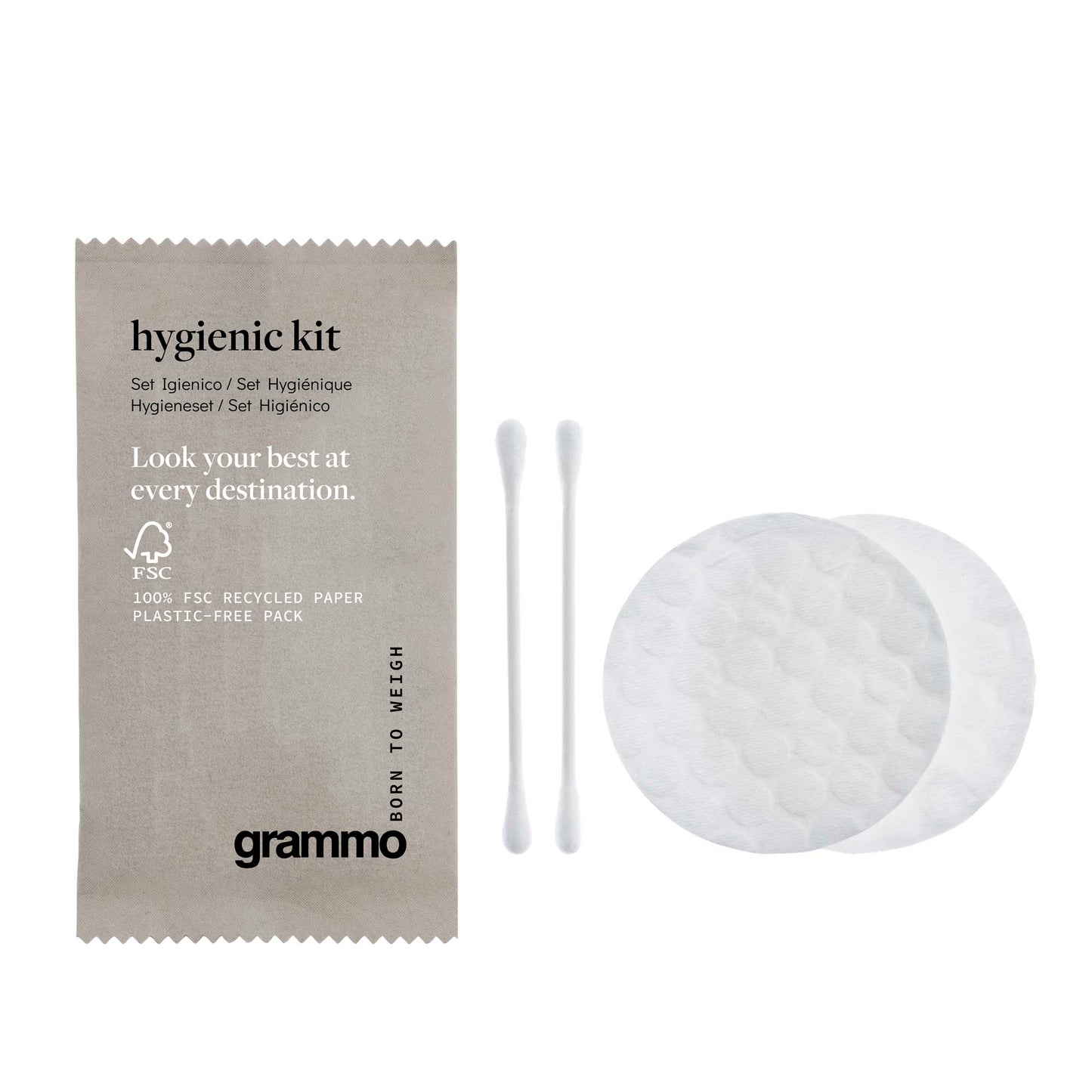 Kit de Higiene Descartável da Grammo, incluindo cotonetes e discos de algodão embalados individualmente.