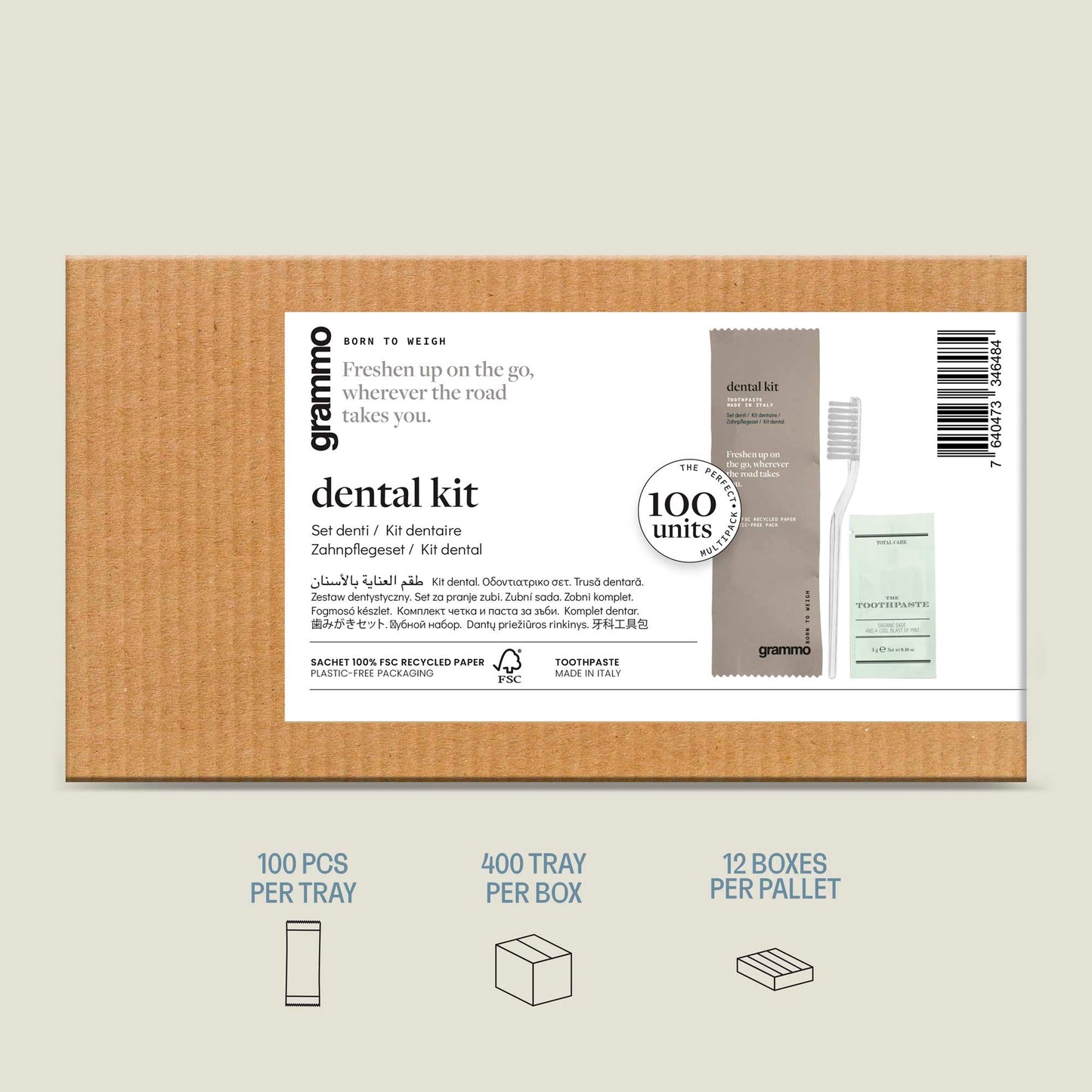 Kit Dentífrico Descartável com 100 unidades da Grammo, ideal para hotelaria e turismo.