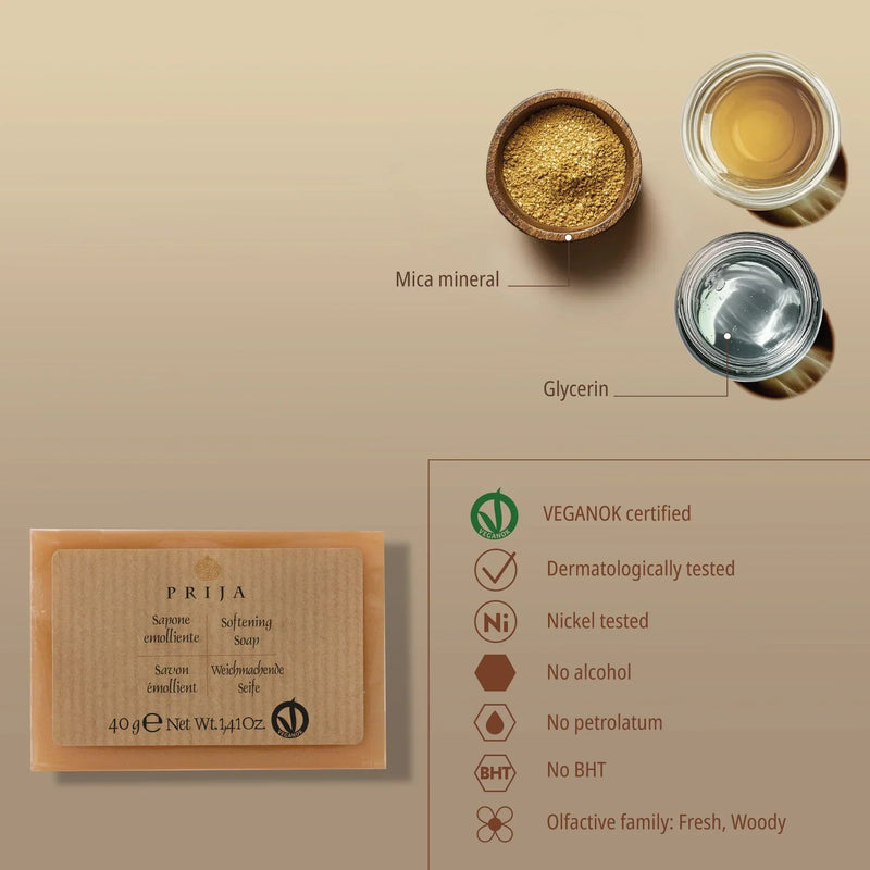 Sabonete Sólido PRIJA 25g com ingredientes como mica mineral e glicerina, embalagem vegana e dermatologicamente testada.
