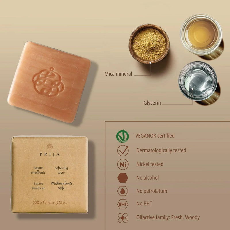 Sabonete Sólido PRIJA 100g com ingredientes como mica mineral e glicerina, embalagem e informações de certificação.