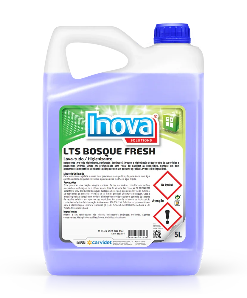 Detergente Lava Tudo Perfumado com Bioálcool 5 Litros INOVA LTS EXTRA em embalagem de 5L, com aroma bosque fresh de longa duração