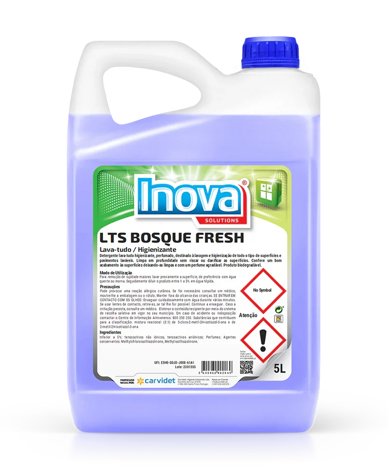 Detergente Lava Tudo Perfumado com Bioálcool 5 Litros INOVA LTS EXTRA em embalagem de 5L, com aroma bosque fresh de longa duração