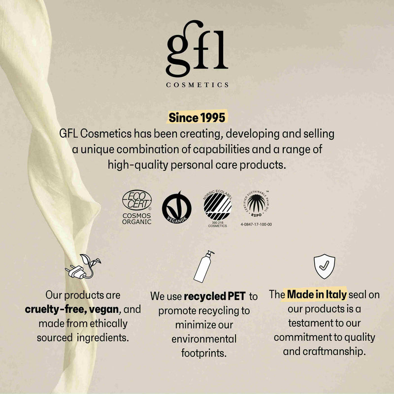 Informações sobre GFL Cosmetics, incluindo produtos cruelty-free, vegan e sustentáveis, desenvolvidos na Itália.