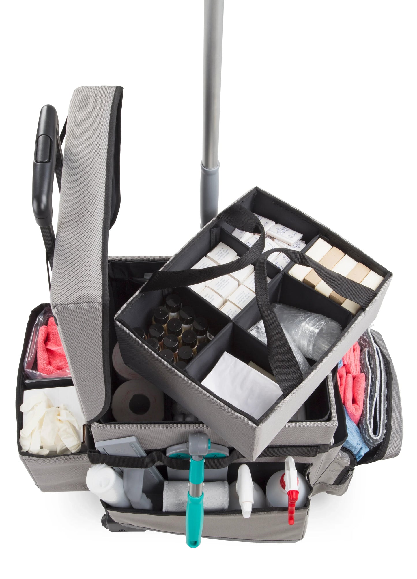 Carrinho Housekeeping Portátil TTS com compartimentos organizados para produtos de limpeza e manutenção.