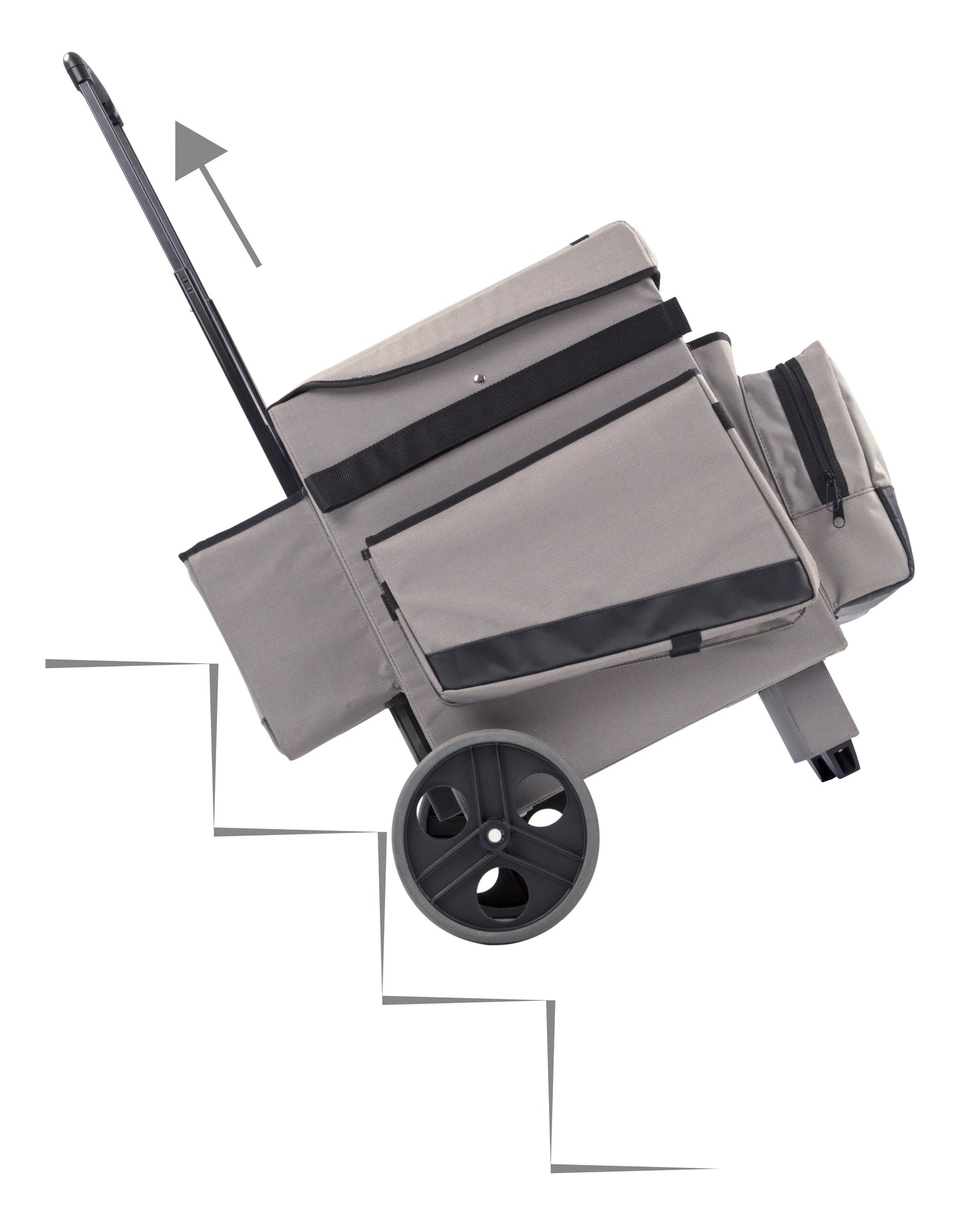 Carrinho Housekeeping Portátil TTS subindo escadas com rodas, ideal para limpeza e manutenção compacta.