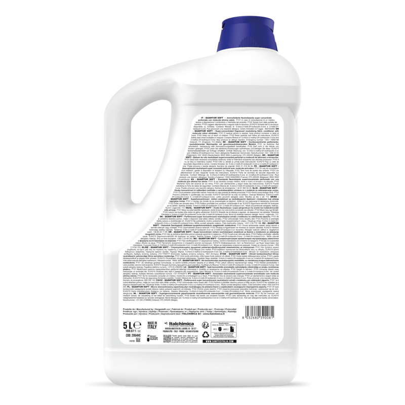 Amaciador da Roupa Profissional Extra Perfumado de 5 Litros da marca Sanitec Quantum Soft com rótulo informativo.