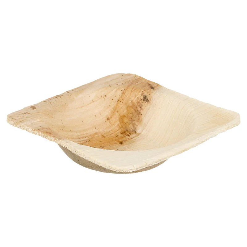 Mini Tijela de Folha de Palmeira em formato quadrado, ideal para servir molhos, embalagem com 25 unidades.
