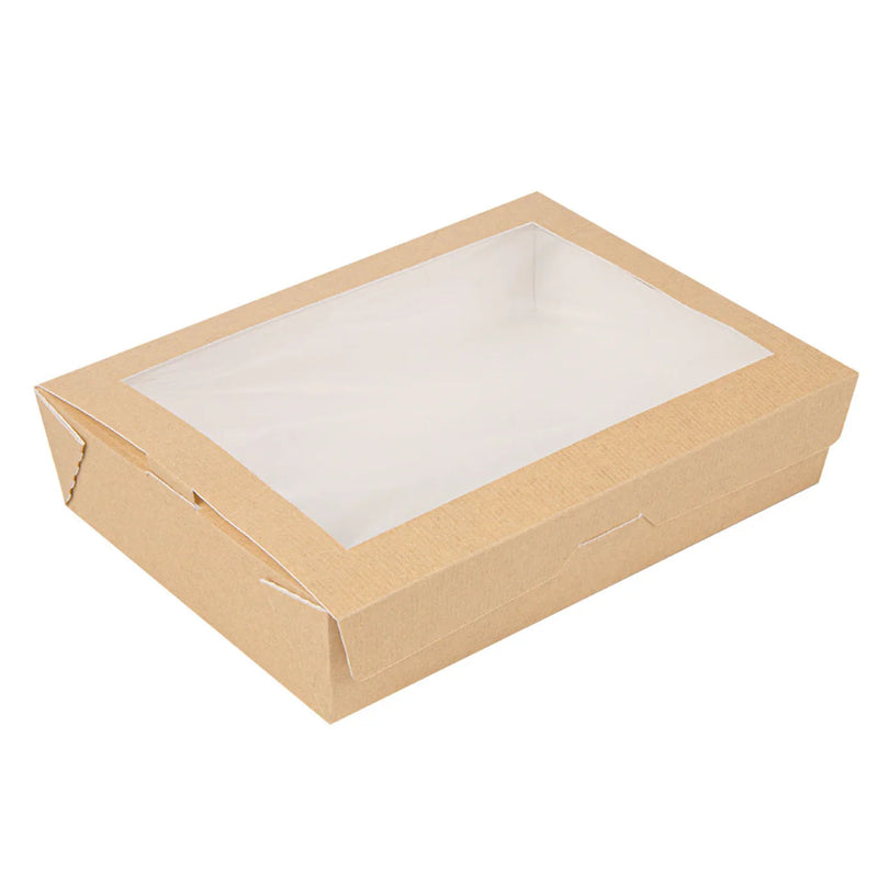 Caixa de Cartão Take Away Kraft com Janela 1470ml em papel kraft com tampo transparente.