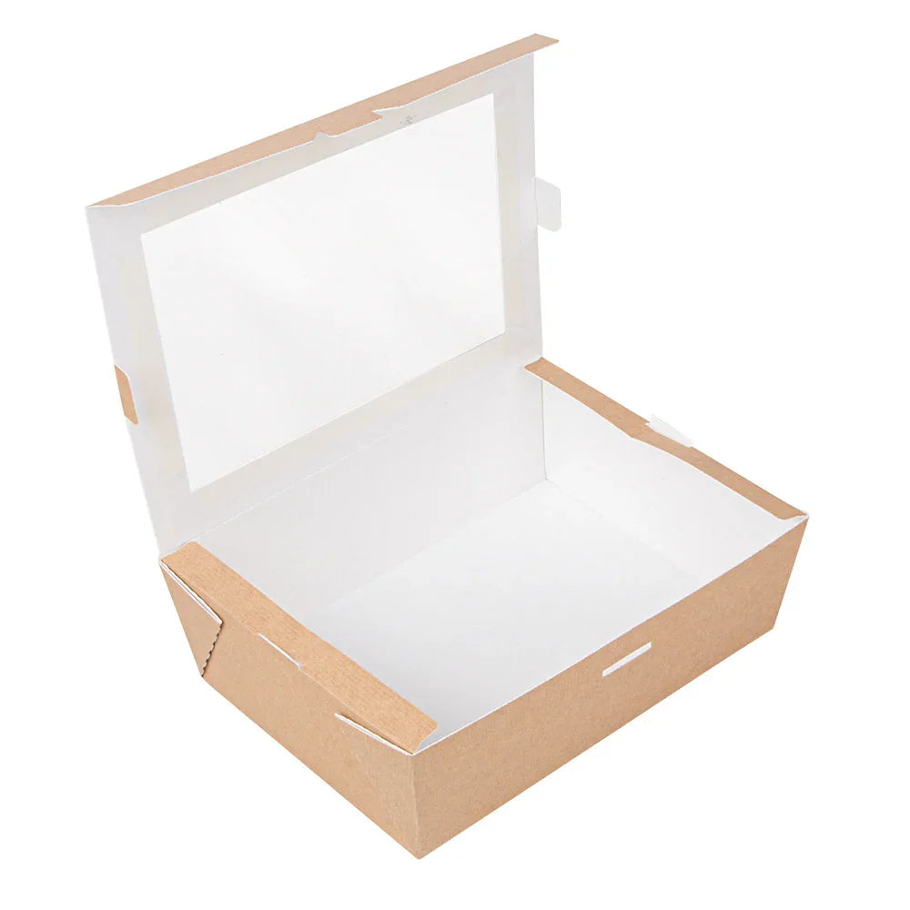 Caixa de Cartão Take Away Preta com Janela 1000ml vista aberta, descartável, pack com 50 unidades, ideal para refeições.