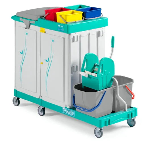 Carrinho Limpeza Piquete TTS ML com compartimentos coloridos para limpeza eficiente e prática.