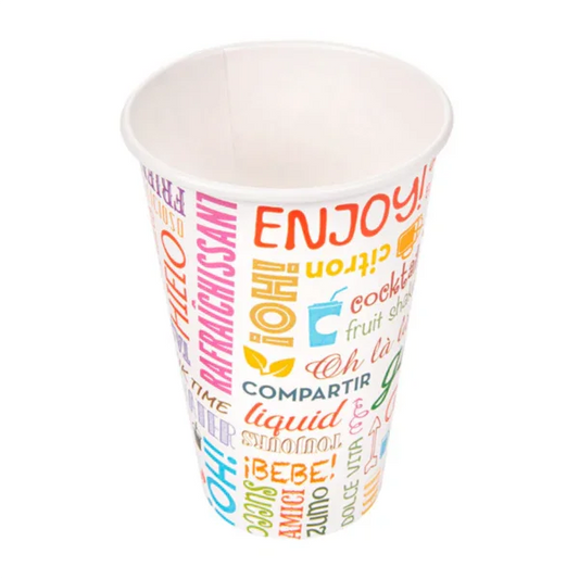 Copo de Cartão Impresso 360ml com design colorido e frases divertidas, pack de 100 unidades.
