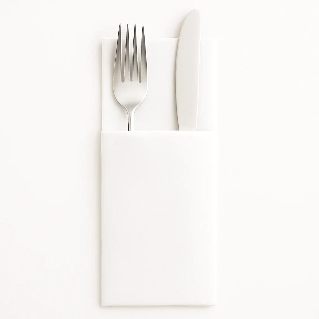 Guardanapos de Mesa Dobrados com Bolsa Kanguru Brancos | Talheres em um guardanapo dobrado