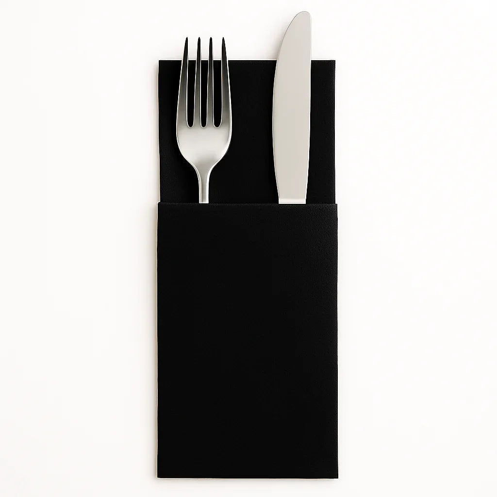 Guardanapos de Mesa Dobrados com Bolsa Kanguru Pretos com faqueira