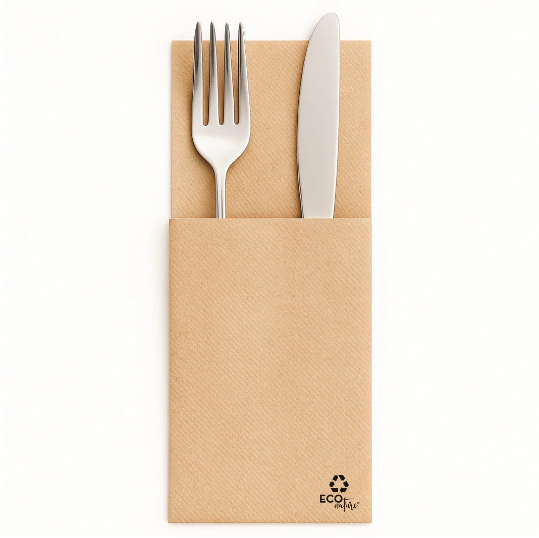 Guardanapos de Mesa Dobrados com Bolsa Kanguru Eco Nature | Talheres dentro da bolsa kanguru