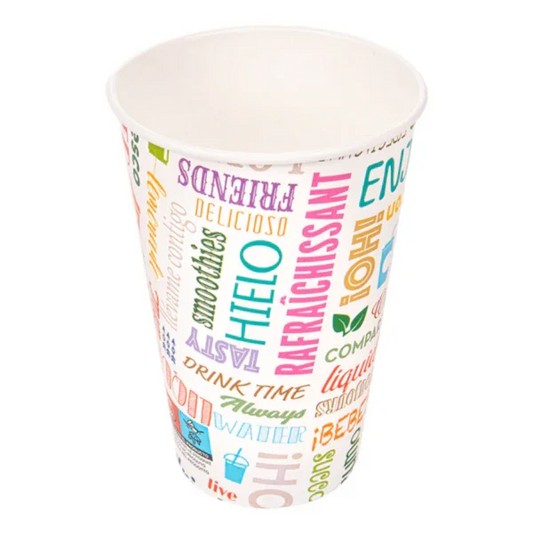 Copo de Cartão Impresso 480ml com design colorido e texturas variadas, ideal para bebidas frias e quentes.