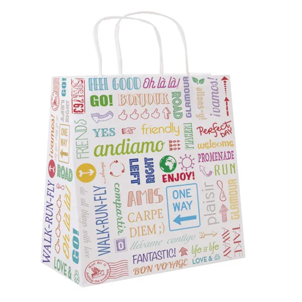 Saco Papel Asa Torcida Decorado Parole 26+14x32cm Take Away Compras Loja Comércio