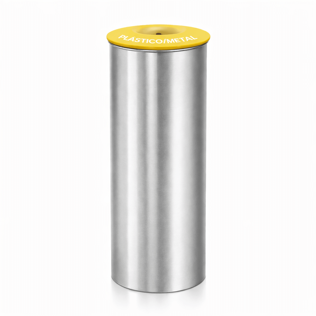 Ecoponto Inox Cilíndrico Individual com Tampa Amarela, ideal para gestão de resíduos em empresas e escritórios
