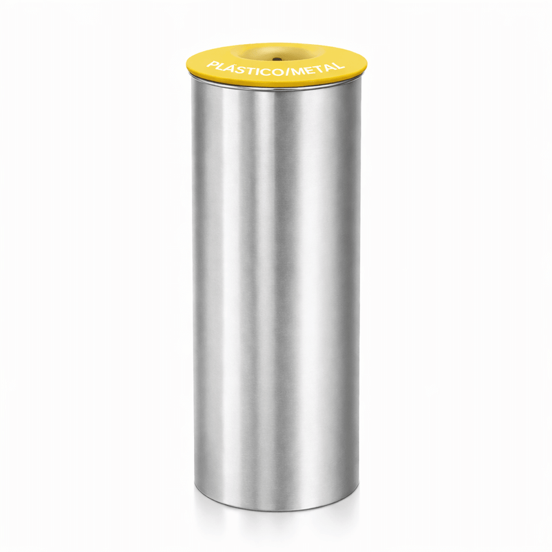 Ecoponto Inox Cilíndrico Individual com Tampa Amarela, ideal para gestão de resíduos em empresas e escritórios