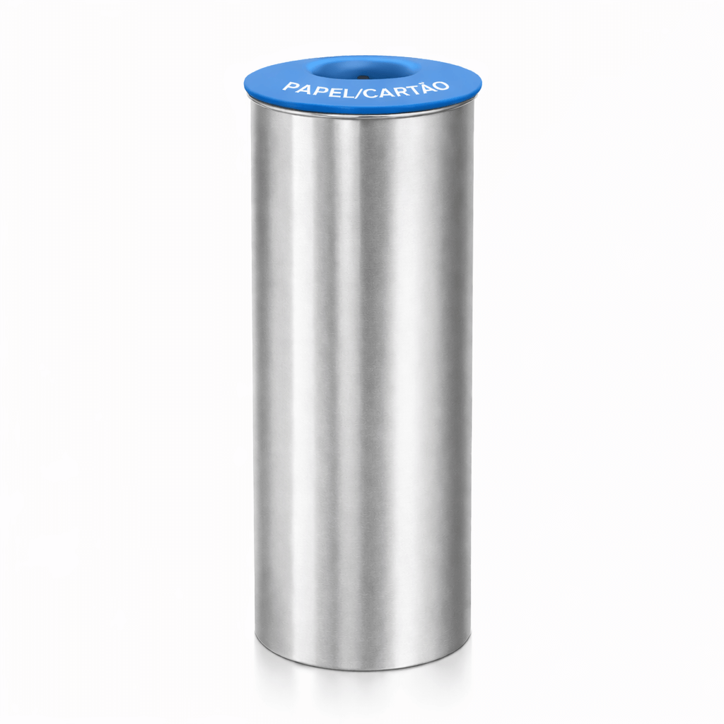Ecoponto Inox Cilíndrico Individual com Tampa Azul para reciclagem de papel e cartão, design robusto e moderno.