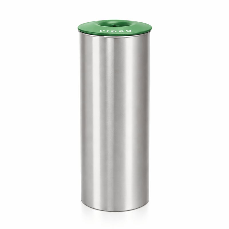 Ecoponto Inox Cilíndrico Individual com Tampa Verde, ideal para gestão de resíduos em empresas e estabelecimentos.