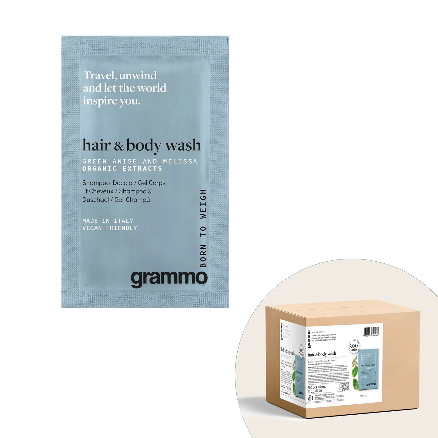 Gel de Banho e Champô Sachê Descartável | Grammo | 10ml | Caixa com 300 Unidades | Fórmula Vegan Friendly, para hotéis e alojamentos locais