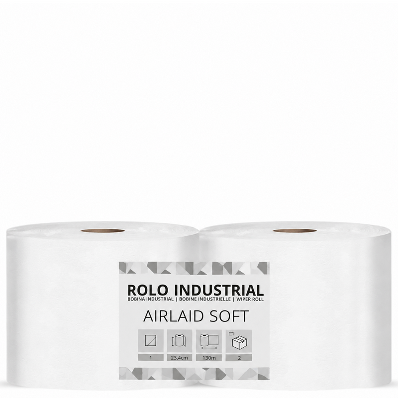 Papel Rolo Multiusos Industrial Airlaid 130M - Pack de 2 Rolos com textura Airlaid de qualidade premium.