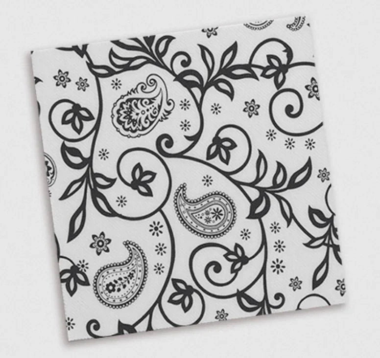 Guardanapos de Mesa Deco Cashmir Premium AIRSOFT 40x40cm com padrão floral em preto e branco.