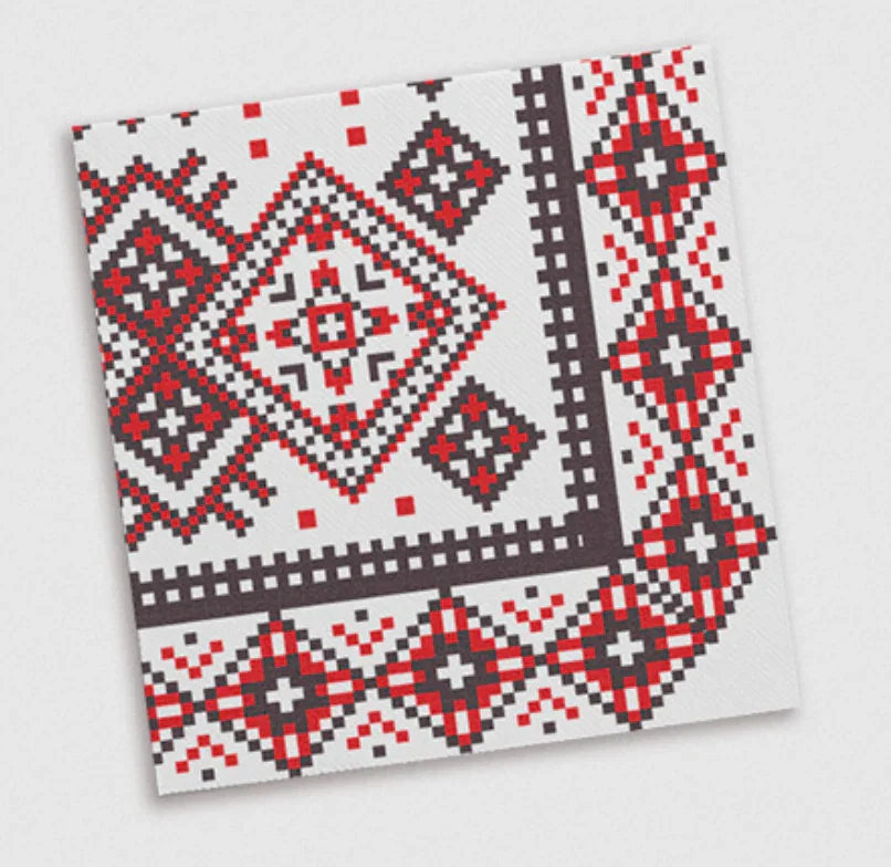 Guardanapos de Mesa Deco Vyshyvanka Premium AIRSOFT 40x40cm com padrão decorativo em vermelho e preto.