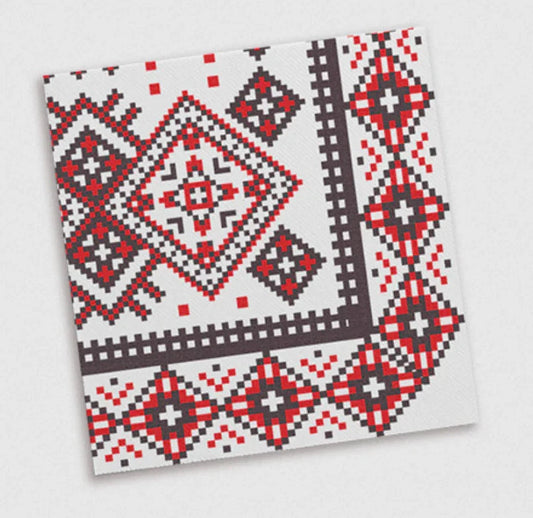 Guardanapos de Mesa Deco Vyshyvanka Premium AIRSOFT 40x40cm com padrão decorativo em vermelho e preto.